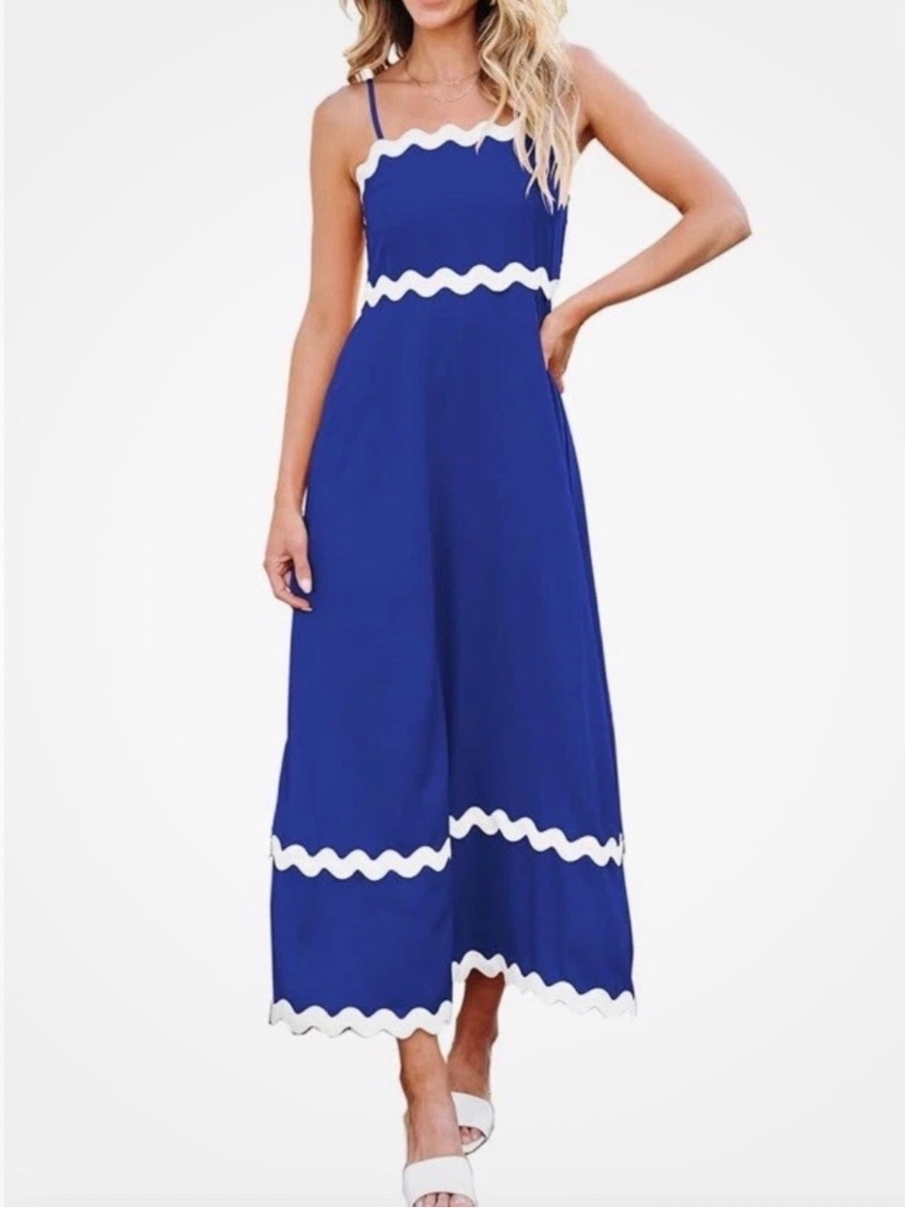 Blue Maxi Dress with White Trim - Women Dresses Maxi